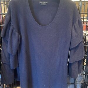 Worth Navy merino wool rib rufgle sleeve pullover